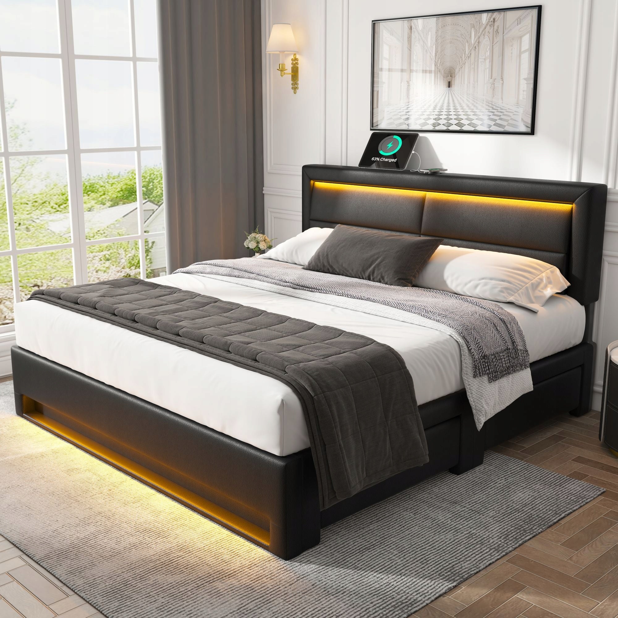 Letto 140x200cm - Xylo - USB, LED, 4 Cassetti, Pelle Nera