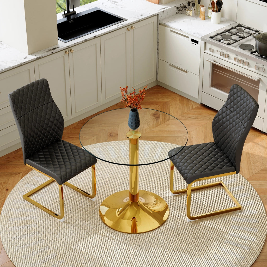 Set tavolo da pranzo e sedie con 1 tavolo rotondo e 2 sedie; in vetro temperato; metallo e PU nero e oro