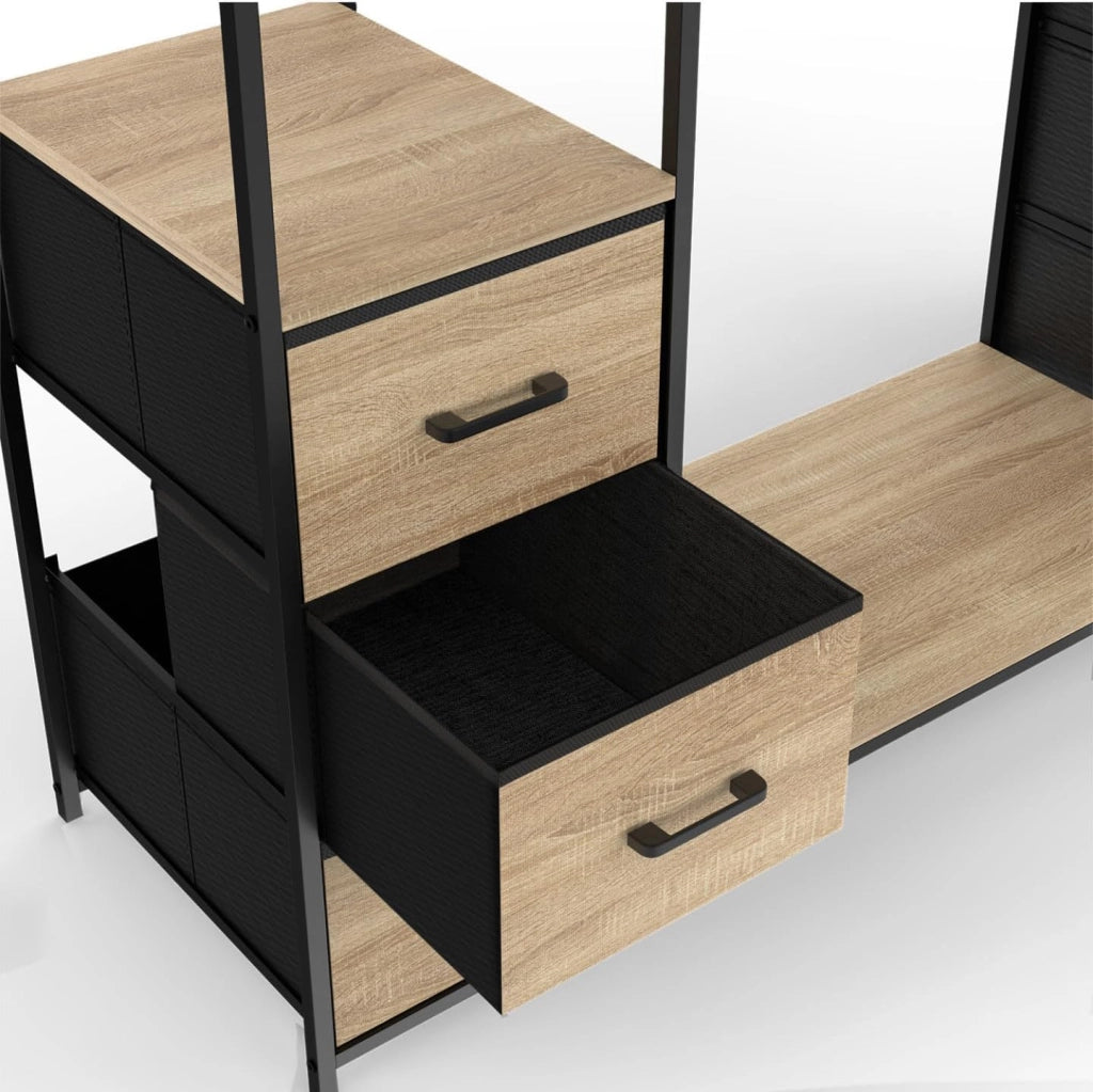 Armadio doppio UTAH + colonna doppia L. 140 cm con 6 ripiani e 6 cestini in legno e tessuto nero