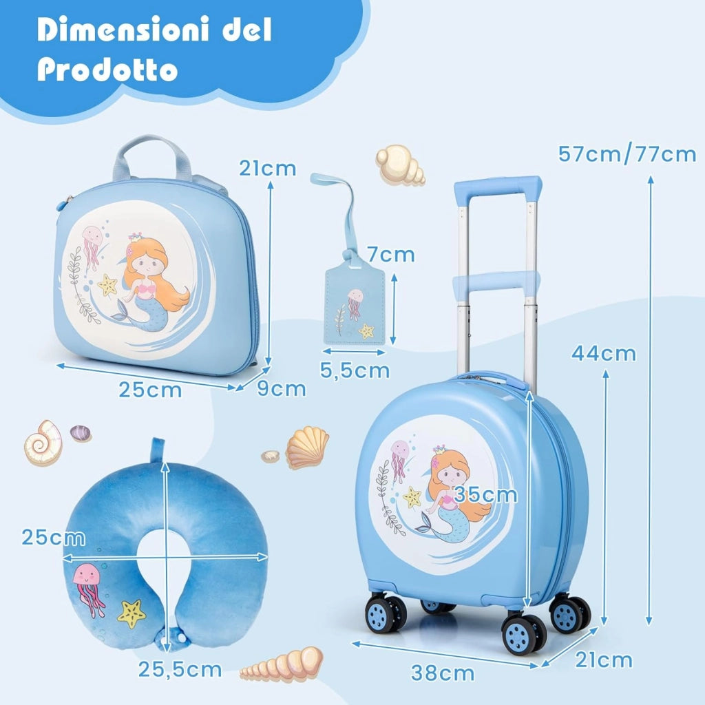 Set di Valiglie per Bambini, Set da 4 Pezzi con Trolley, Zaino, Cuscino per Collo ed Etichetta per Bagaglio, Valigia a Mano da Viaggio con Ruote Universale e Maniglia Regolabile (Sirena)
