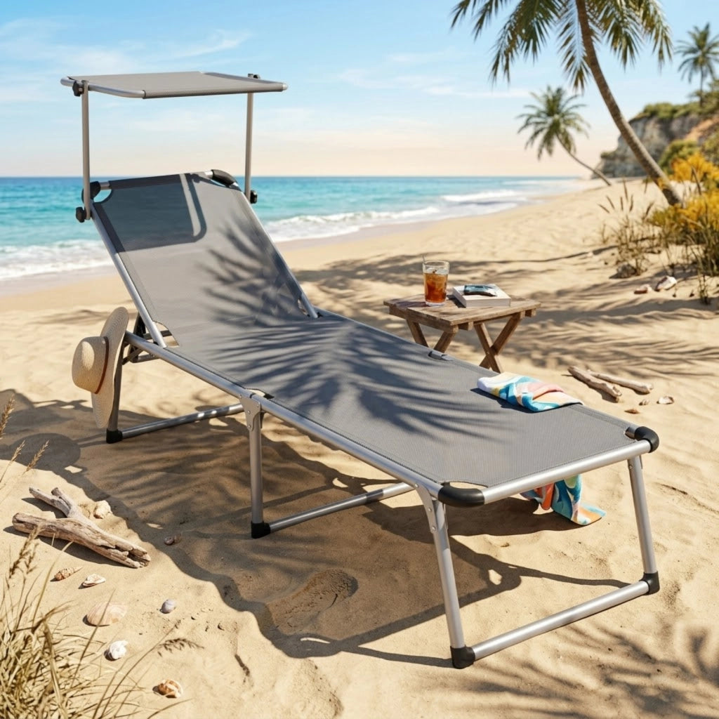 Lettino Pieghevole Prendisole Con Tettuccio Parasole Schienale Reclinabile Regolabile in 6 Posizioni Sedia Sdraio Per Spiaggia Mare Giardino Piscina 187 x 59 x 29 Cm Grigio Scuro