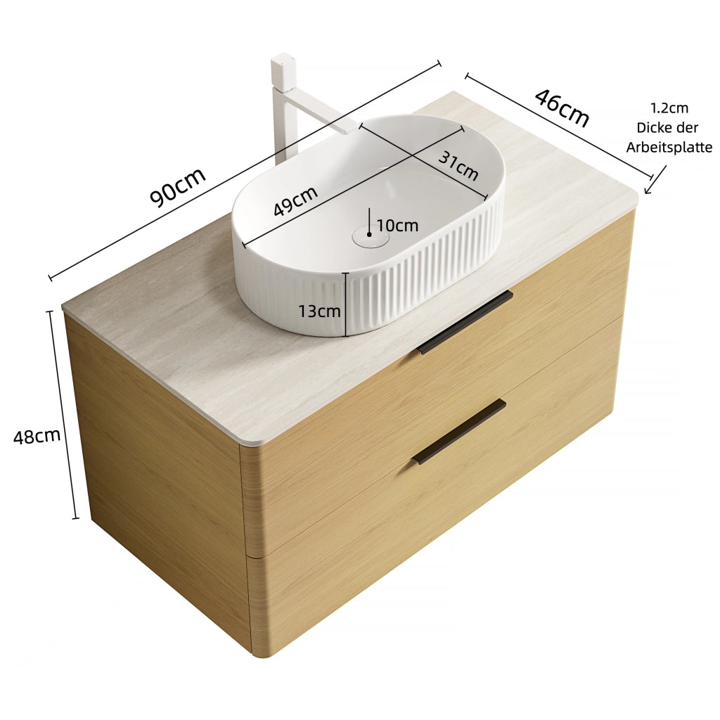 Mobile bagno con lavabo ovale in ceramica e 2 cassetti; top effetto travertino; per bagno; beige rovere bianco