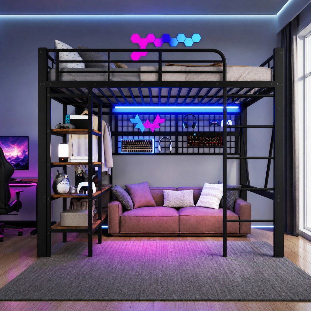 LETTO a soppalco 140x200 cm in Metallo e MDF Nero con LED e vano a giorno