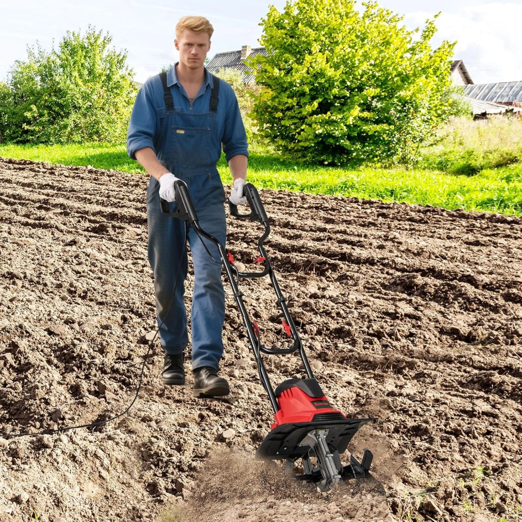 Motozappa Elettrica a Filo, Zappatrice da Giardino con Manico Ergonomico e Motore Forte, Motocoltivatore Pieghevole per Scavare Terreno del Prato (36,5 x 24 x 138 cm,Rosso)