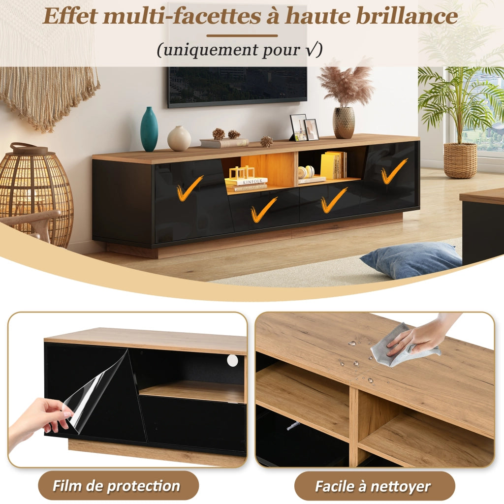 Mobile TV con LED controllabile da app 2 ante 2 cassetti frontale lucido nero e legno 180 × 40 × 46 cm