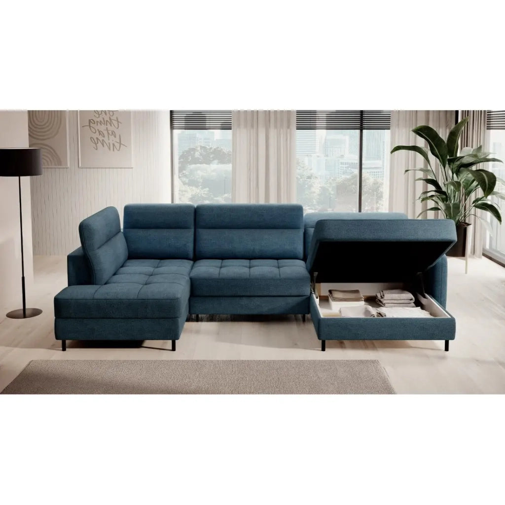Canapé d'angle convertible BERTHO 306 cm bleu canard chenillé – Angle droit avec coffre