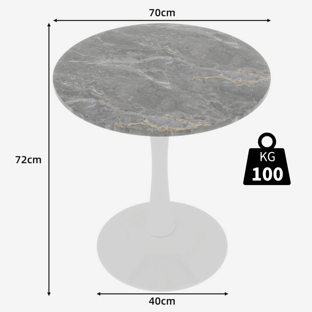 Tavolo da pranzo - rotondo 70 cm - stile mid-century - marmo grigio scuro - per 2-4 persone - bianco