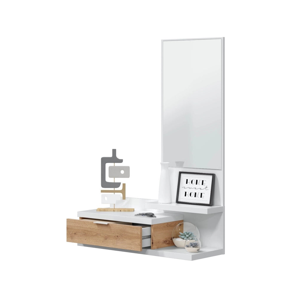 Mobile Ingresso Con Cassetto Specchio E Mensola Design Moderno Salvaspazio Ideale Per Ingresso Soggiorno Con Stile E Funzionalità 81 x 116 x 29 Cm Bianco E Rovere