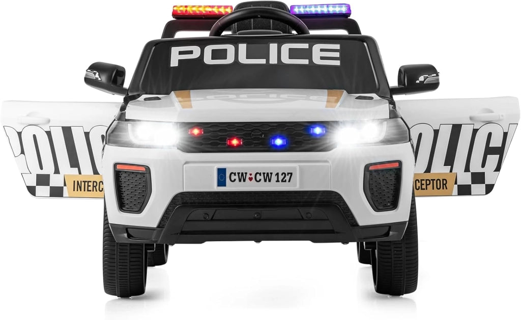 Macchina Elettrica della Polizia per Bambini 12V con Telecomando, Auto Elettrico a Pedale, Veicoli con Sirena, Musica, Fari LED, USB e Radio, 3 km/h, Carico 30 kg, 3-8 Anni (Bianco)