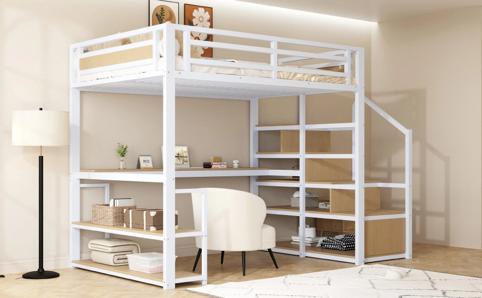 Letto a castello in metallo bianco con funzione contenitore e scrivania 140x200 cm