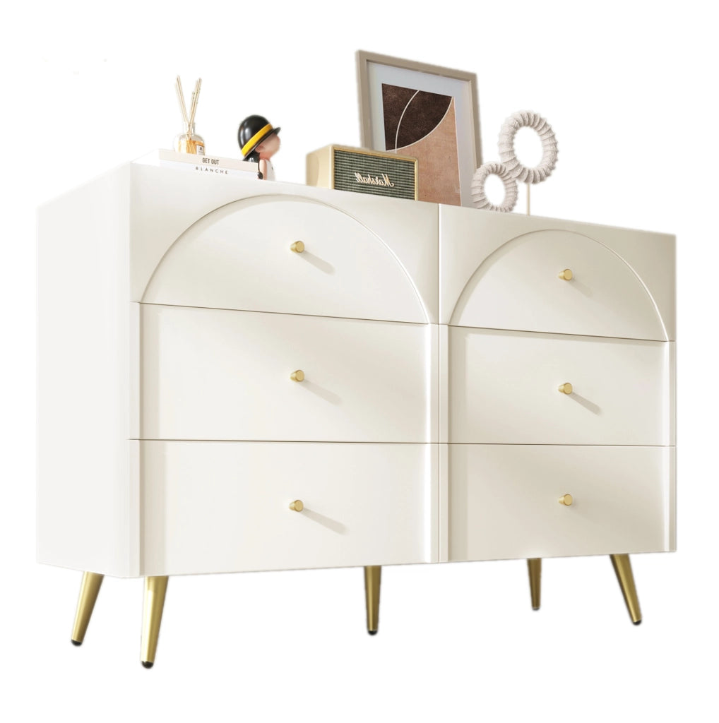 Cassettiera 120x40x85 cm con 6 cassetti; struttura in legno e metallo; crema-bianco