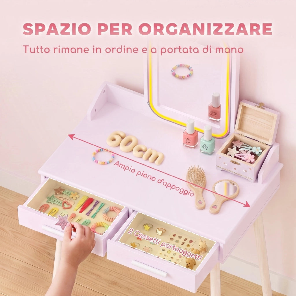 Set Toeletta Trucco Bambina 2 in 1 con Sgabello e LED, 3-8 Anni Rosa