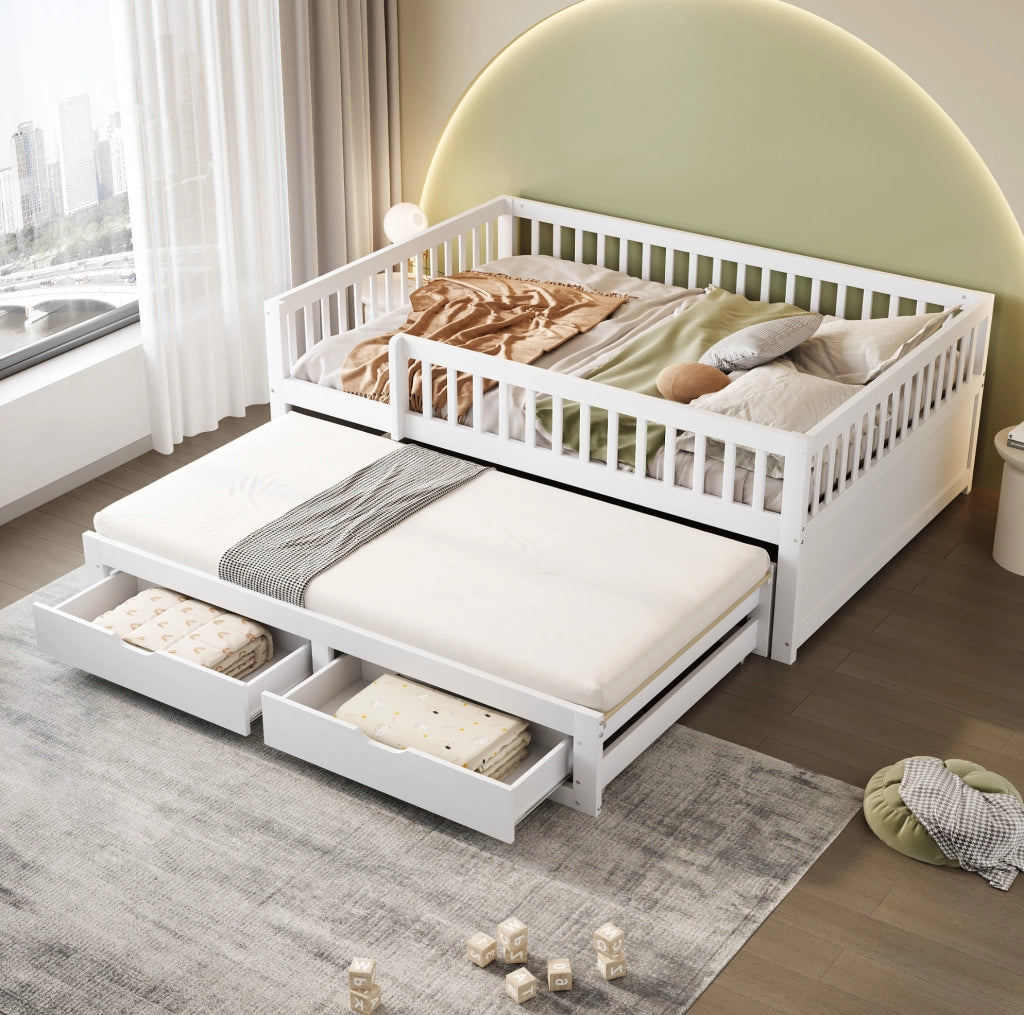 Divano letto 140x200 cm con letto estraibile; sponde di sicurezza e 2 cassetti in legno bianco