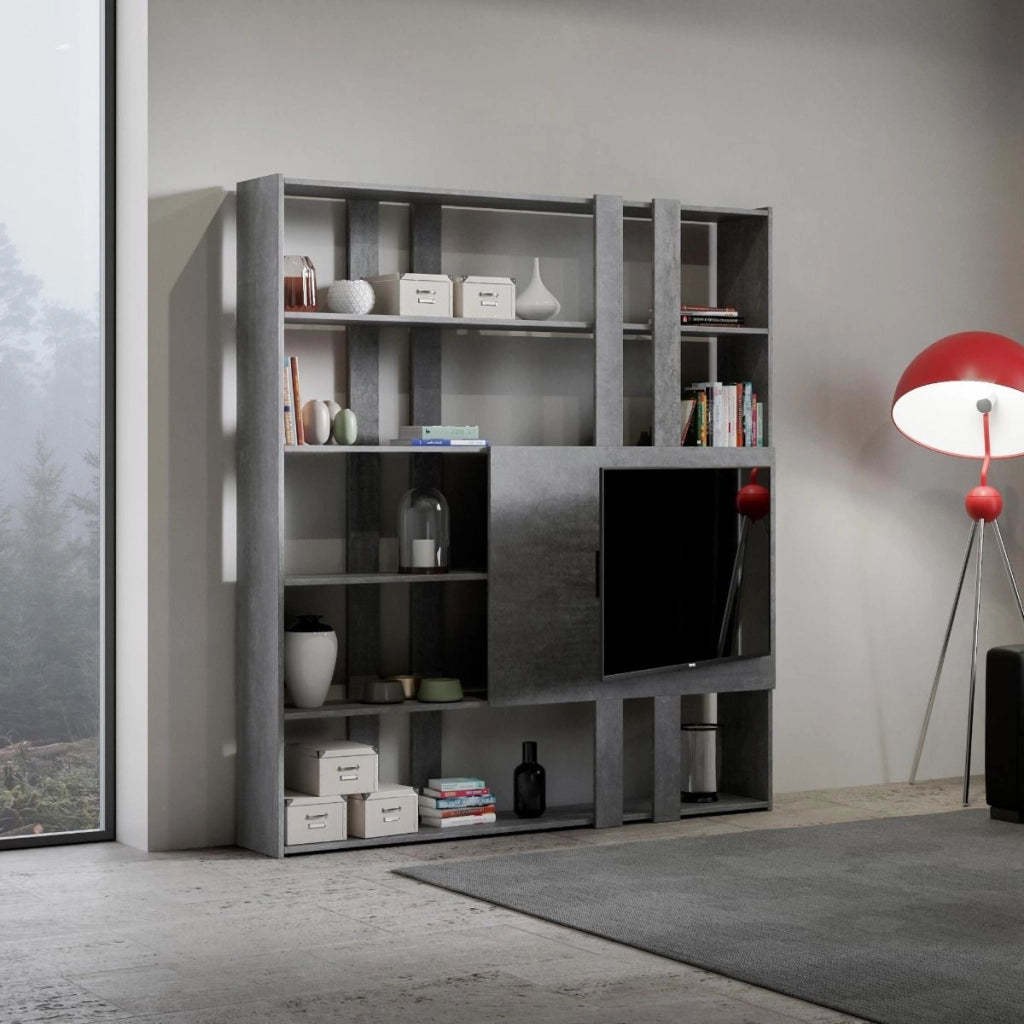 Libreria a giorno Kato H con pannello porta TV cemento