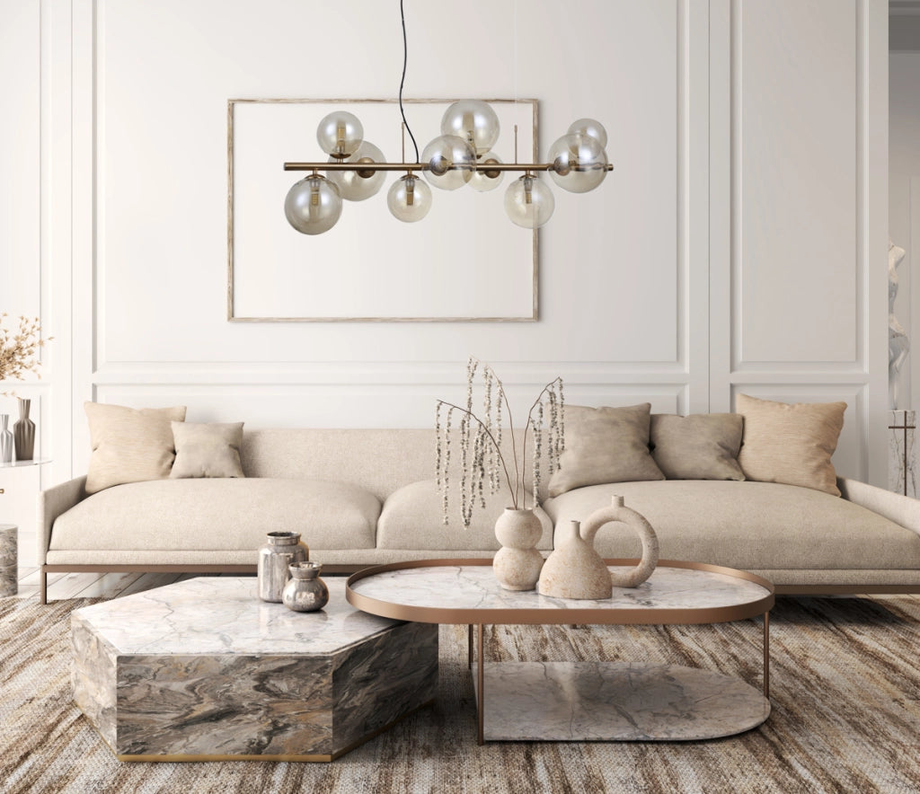 Lampadario a sospensione Italux Canello ottone sfere vetro 10xG9