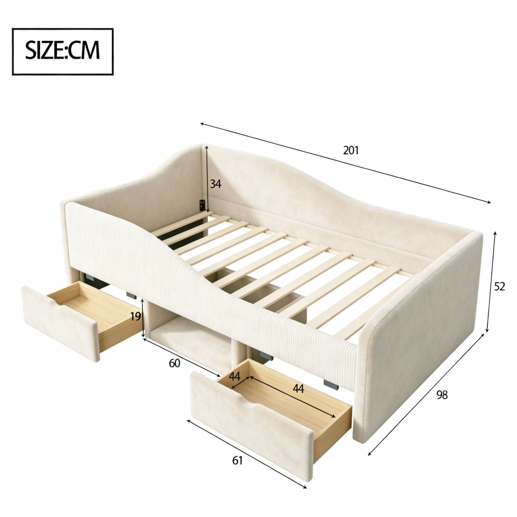 Letto imbottito per bambini con 2 cassetti e recinzioni, 90x190 cm, velluto beige