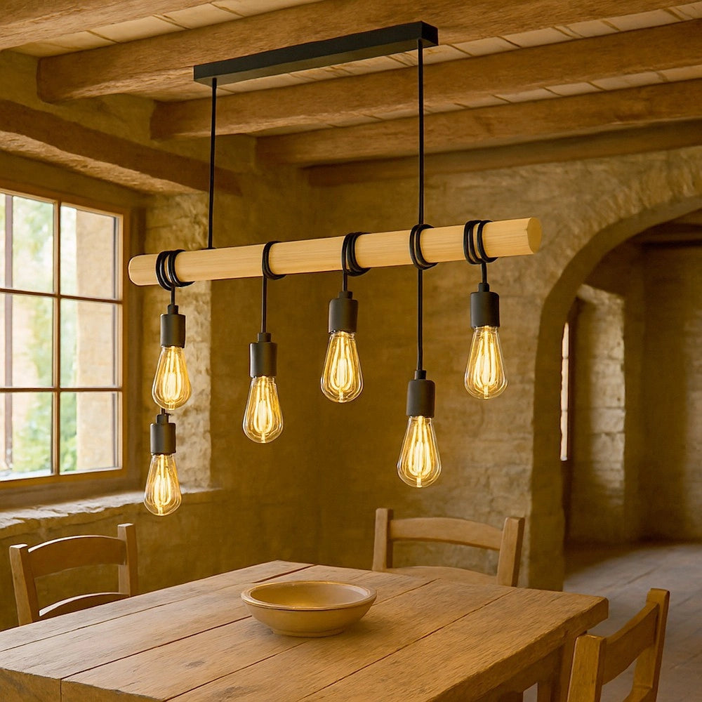Trade Shop - Lampadario Sospensione Legno Stile Industriale 6 Portalampada E27 Lampada Cucina B47-6 -