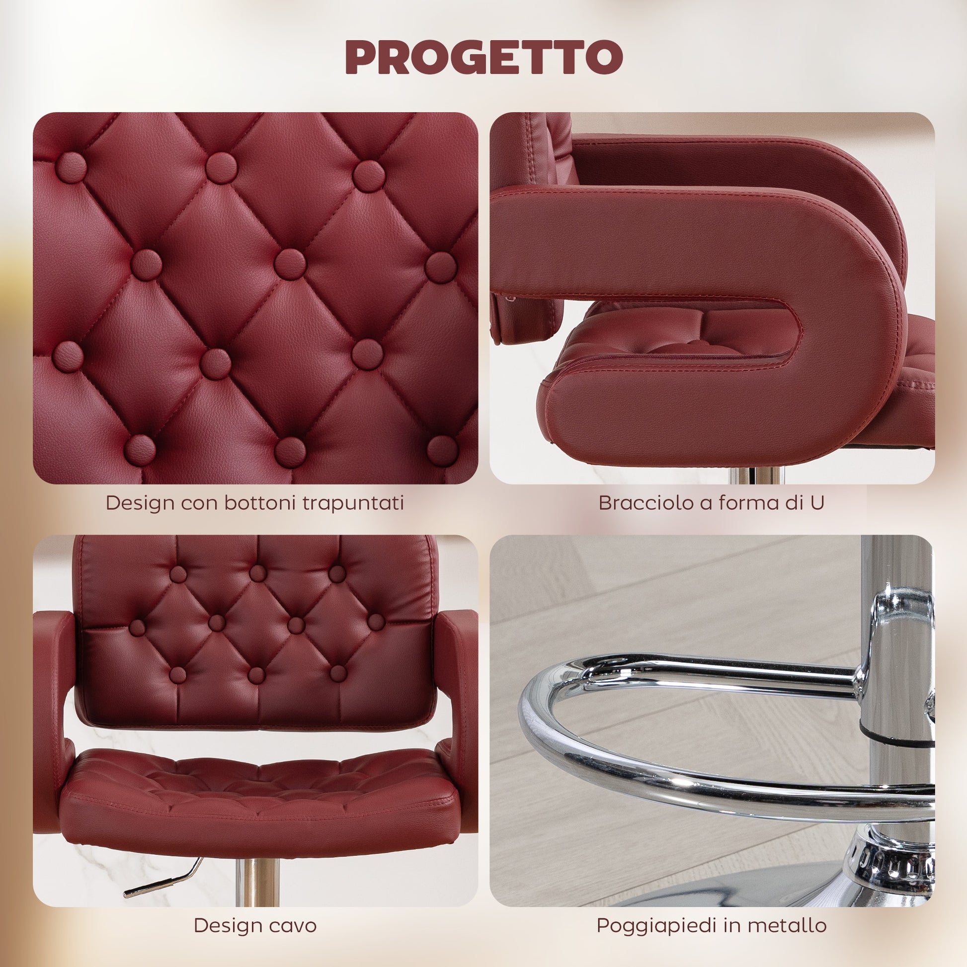 Sgabello da Bar con Schienale e Braccioli Altezza Regolabile e Poggiapiedi in Finta Pelle Rosso