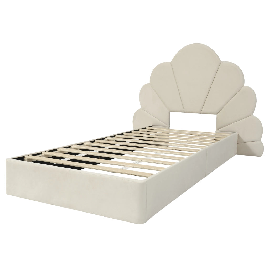 Letto singolo imbottito - Zephmum- 90x200 cm- Beige- Testiera con petali curvi