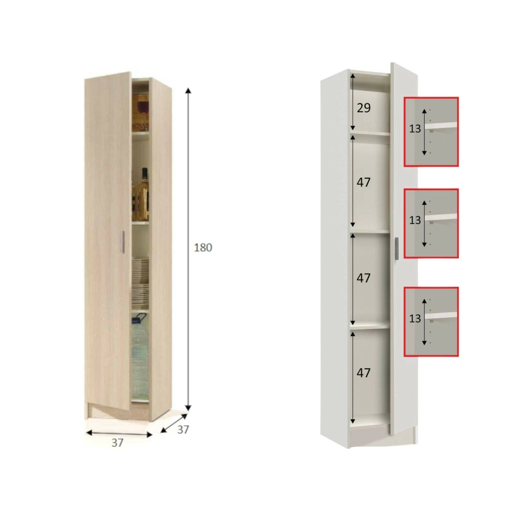 Armadio multiuso Alexander, Mobile ausiliario a 1 anta, Guardaroba portascarpe con ripiani, Scarpiera verticale, cm 37x37h180, Rovere