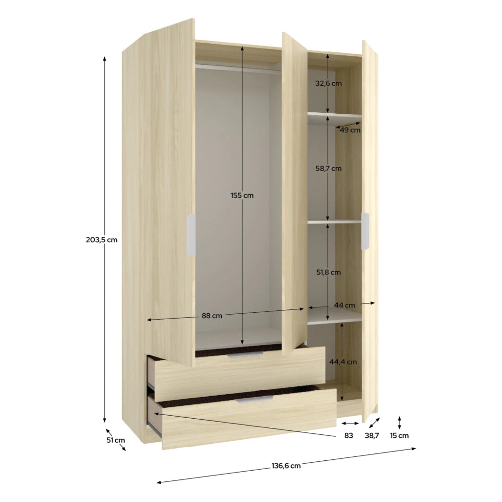 Armadio Camera da Letto Mayos, Guardaroba 3 Ante Appendiabiti, 51x137 cm Marrone Rovere