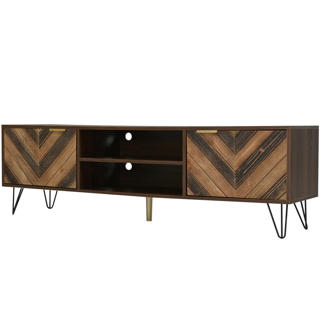 Mobile TV 155x38x48 cm; 2 ante con maniglie oro e piedini in ferro; pannello truciolare; colore naturale