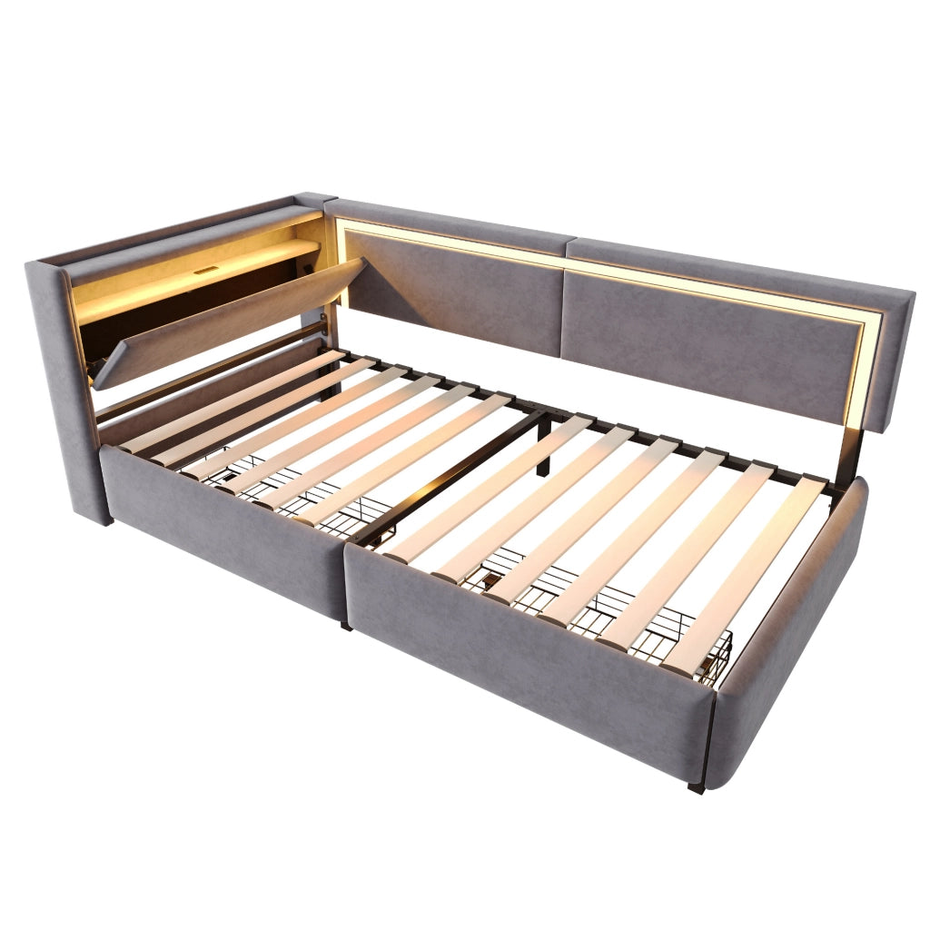 Divano letto 90x200 cm con LED, USB e contenitore in velluto grigio scuro