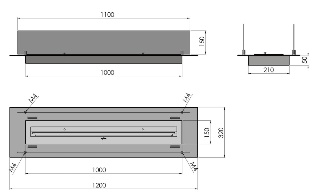 Camino a Bioetanolo da Incasso 120x32 cm Insert 1200 in Acciaio Inox