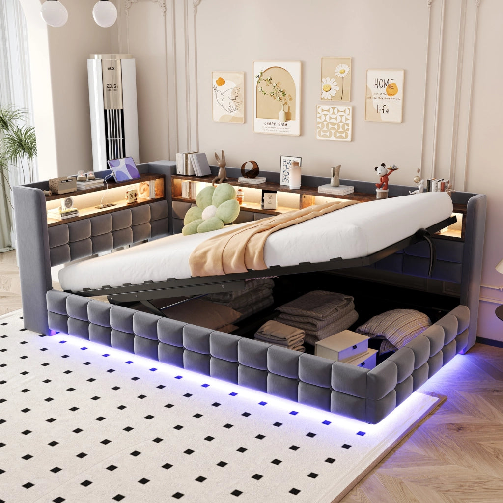 Divano letto 90x200 cm con vano idraulico, LED e prese USB-C in velluto grigio