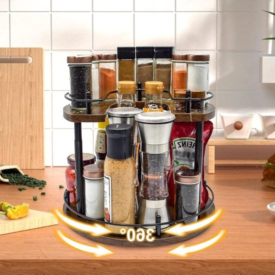 Organizzatore a due livelli con piatto rotante a 360° per spezie in metallo e legno, stabile e in piedi, organizzatore per spezie per lavoro in cucina