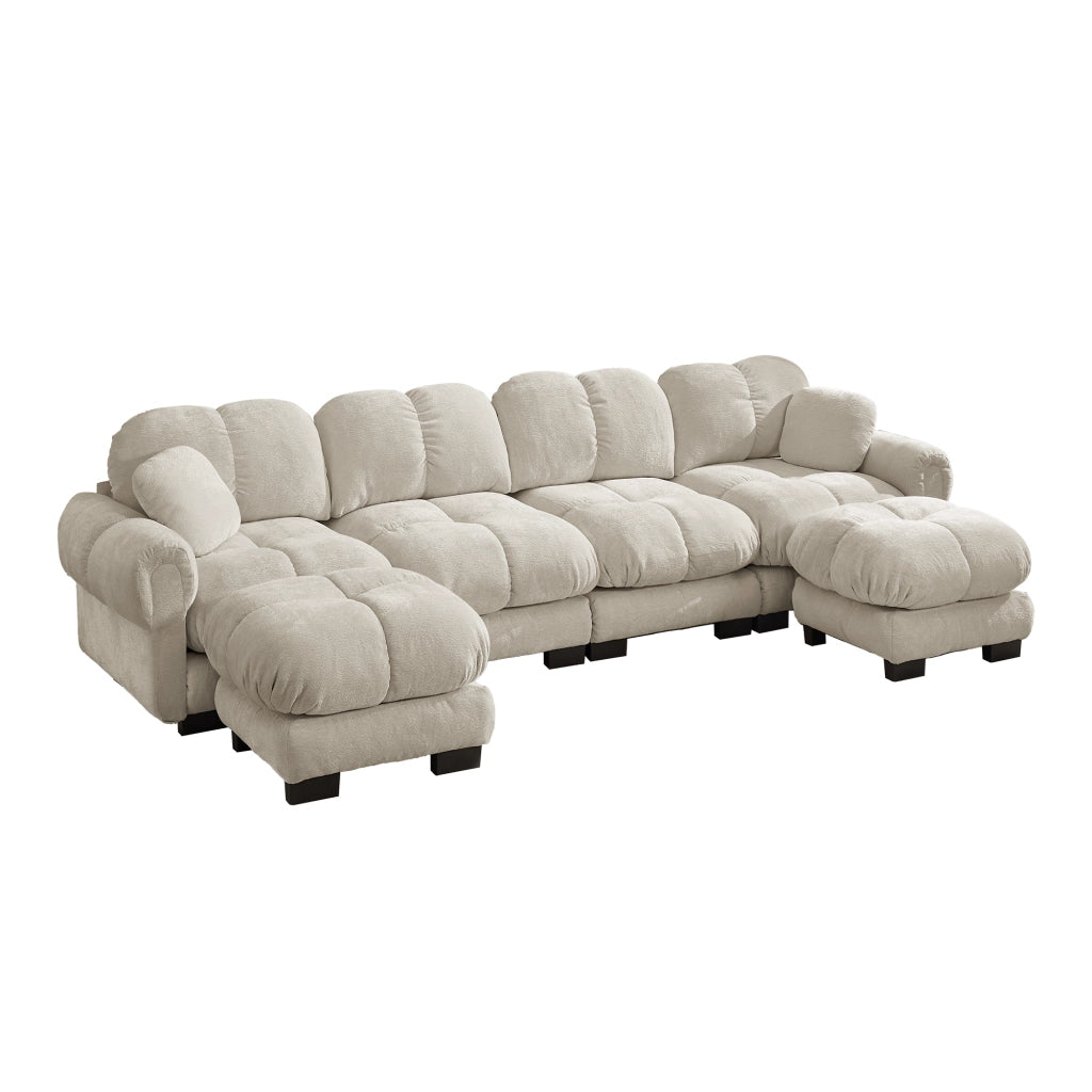 Divano panoramico a U 4 posti modulare con pouf mobili e schienale ergonomico in ciniglia beige chiaro