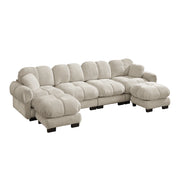 Divano panoramico a U 4 posti modulare con pouf mobili e schienale ergonomico in ciniglia beige chiaro