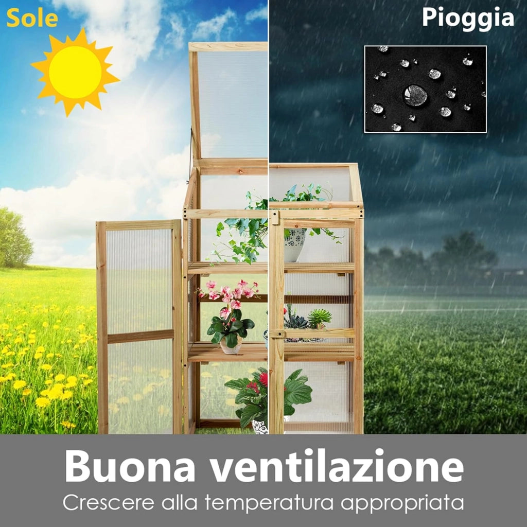 Mini Serra da Giardino a 3 Ripiani in Legno, Serra da Esterno e Interno per Piante e Orto con Coperchio e Ante Apribili, Mini Serra da Giardino e Balcone, 60 x 45 x 100 cm