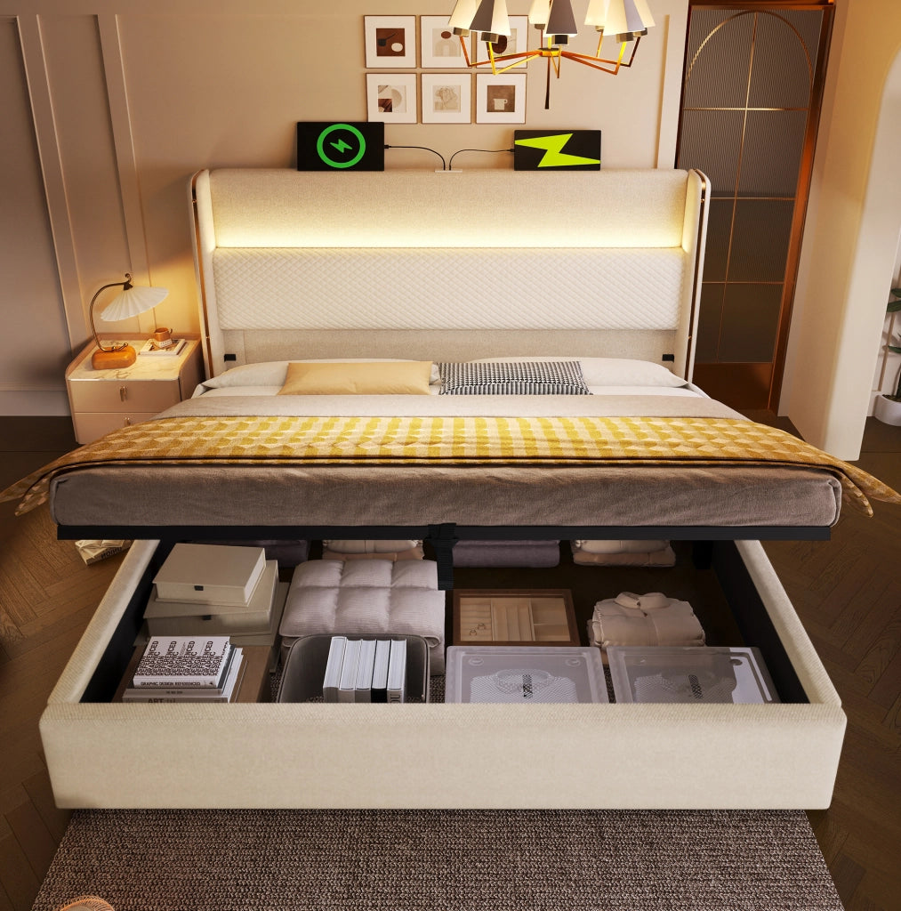 Letto contenitore 180x200 cm con LED e ricarica USB e Type C in lino beige