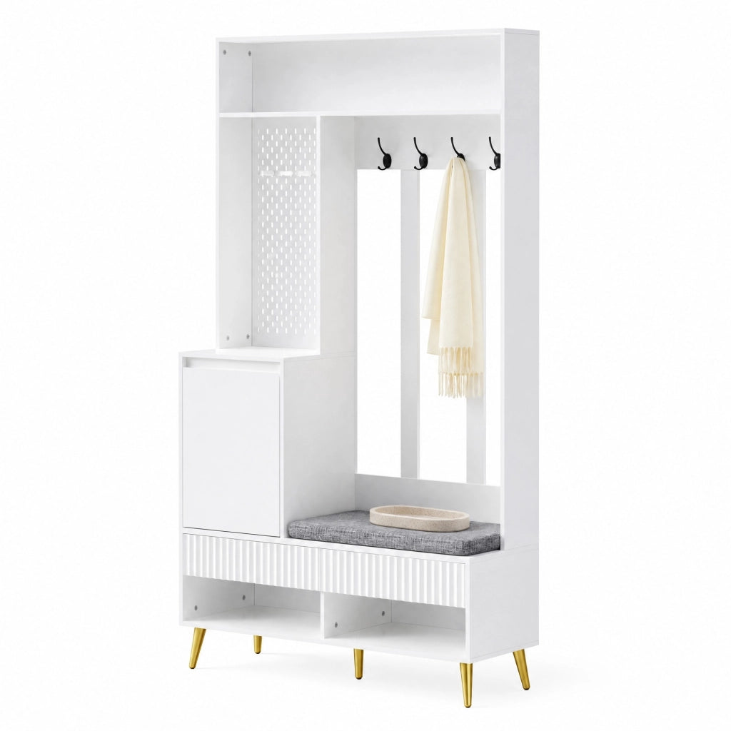 Mobile ingresso con panca; 4 ganci; 2 cassetti e vano contenitore; bianco 100x35x180 cm; MDF
