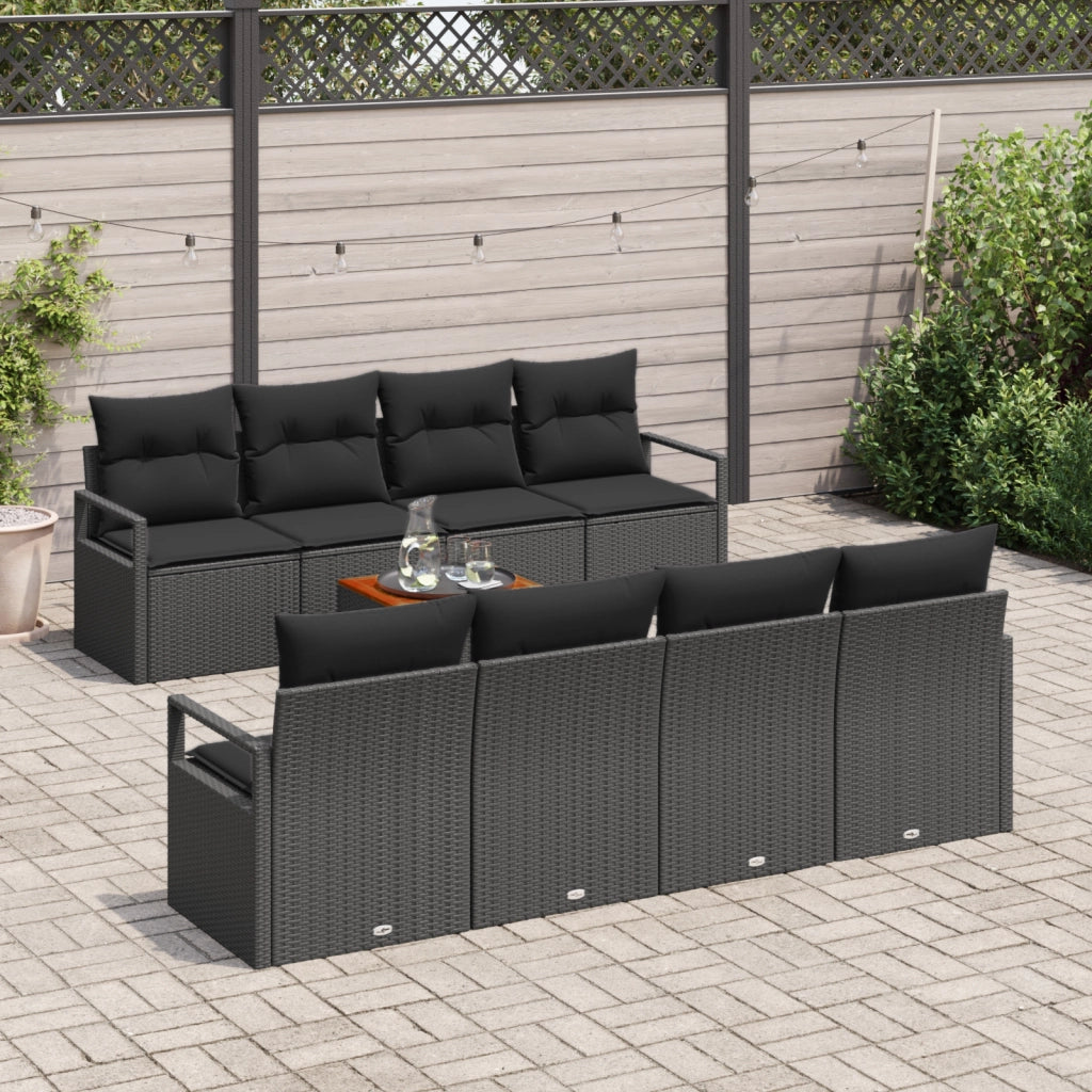 Set di Divani da Giardino con Cuscini Neri in Polyrattan Acacia
