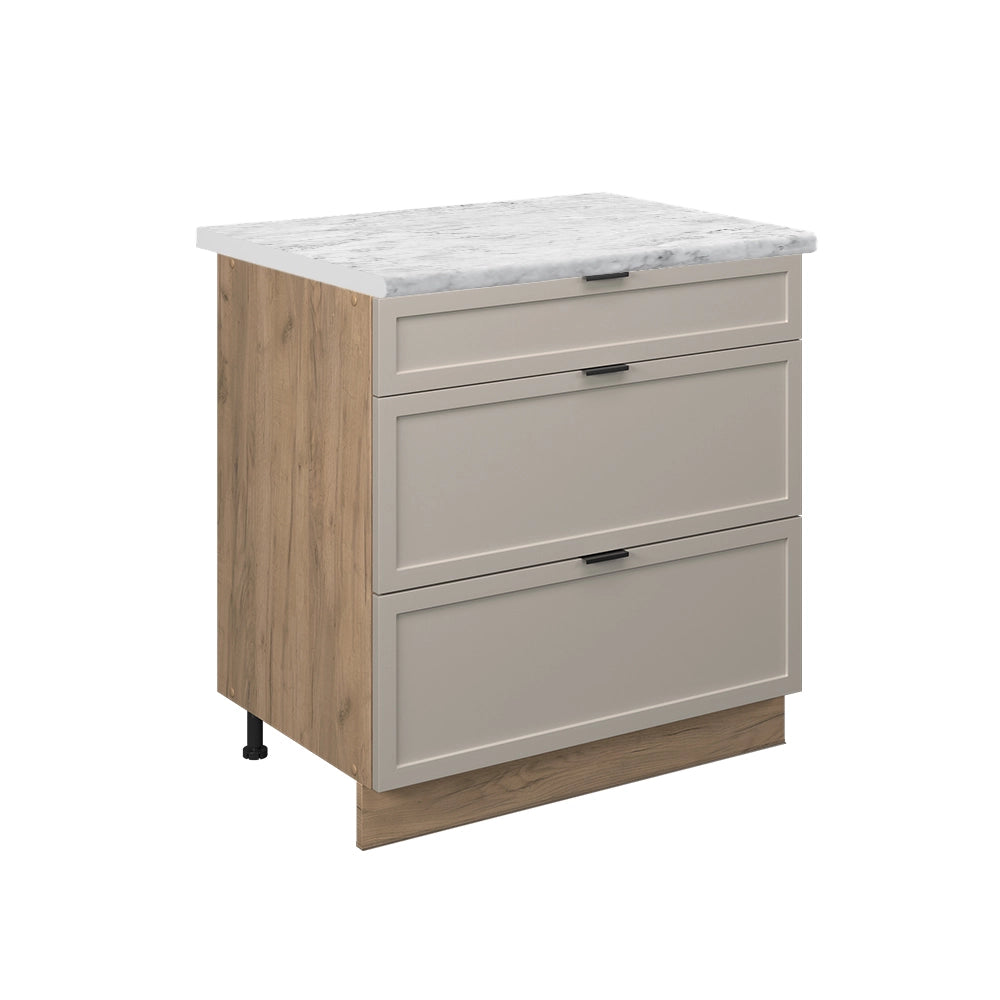 Mobiletto base per cucina Fame-Line GrigioBeige/Rovere dorato 80 cm con 3 cassetti, PL Marmo Vicco
