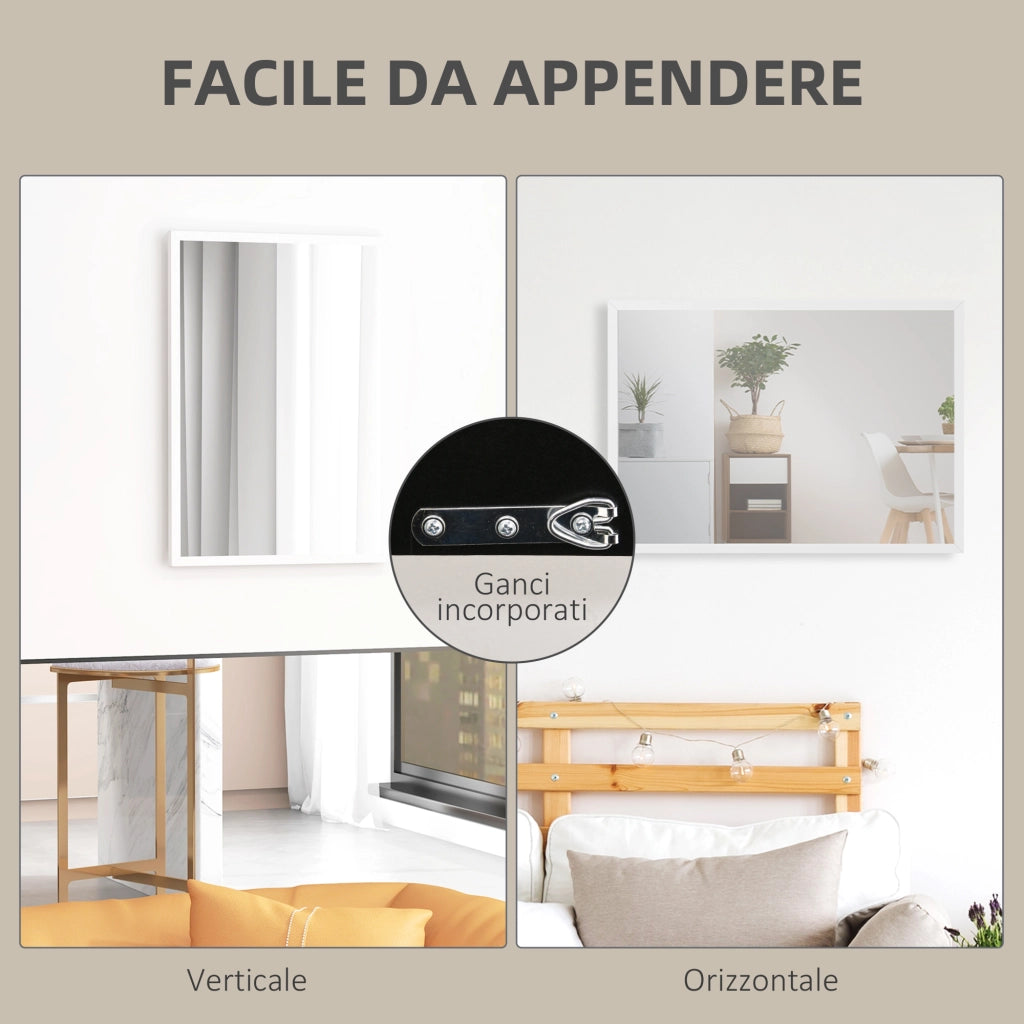 Specchio da Parete Rettangolare 50x70 cm in Vetro e MDF Bianco