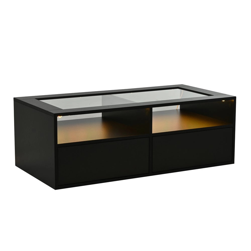 Tavolino da Caff¨¨ con LED e 2 Cassetti ¨C MINIMAL ¨C Vetro Nero, Design Moderno, 100x50x35