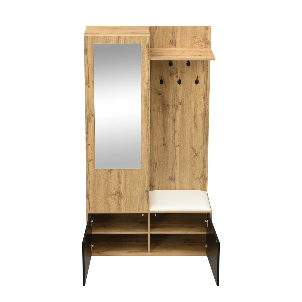 Ensemble de meubles de salon appendiabiti, specchio, panca portascarpe, MDF nero e naturale