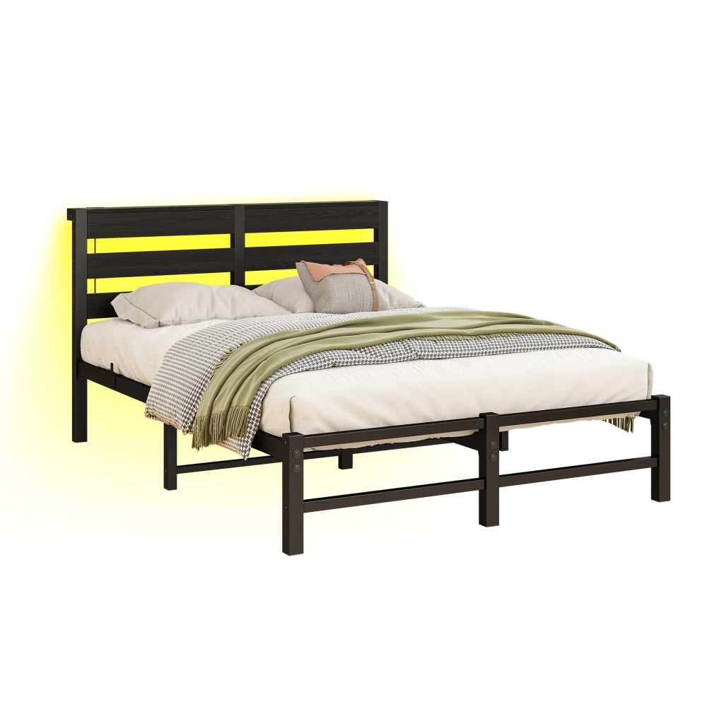 Letto singolo 120 × 200 cm con LED RGB, 2 porte USB, ripiano e spazio sotto il letto, senza materasso, nero