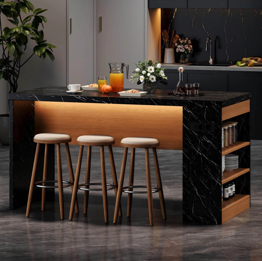 Isola cucina 155x80x90 cm con LED; prese AC e USB; 3 ripiani aperti in MDF; nero e naturale
