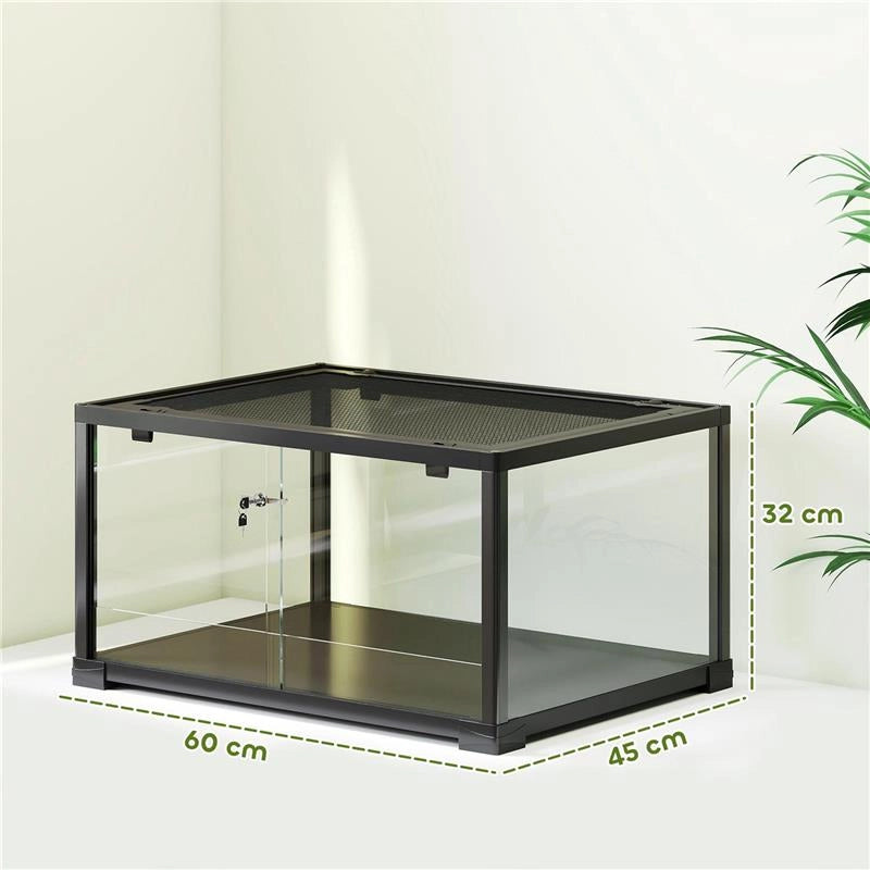 RETTILARIO RIALZATO CON DOPPIA SERRATURA E PARETI IN VETRO, 60X45X32 CM, NERO