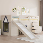 OKWISH Letto a soppalco basso 90×200 cm, Letto Singolo con Scivolo, 3 Cassetti e 2 Ante, senza Materasso, in Legno, Crema