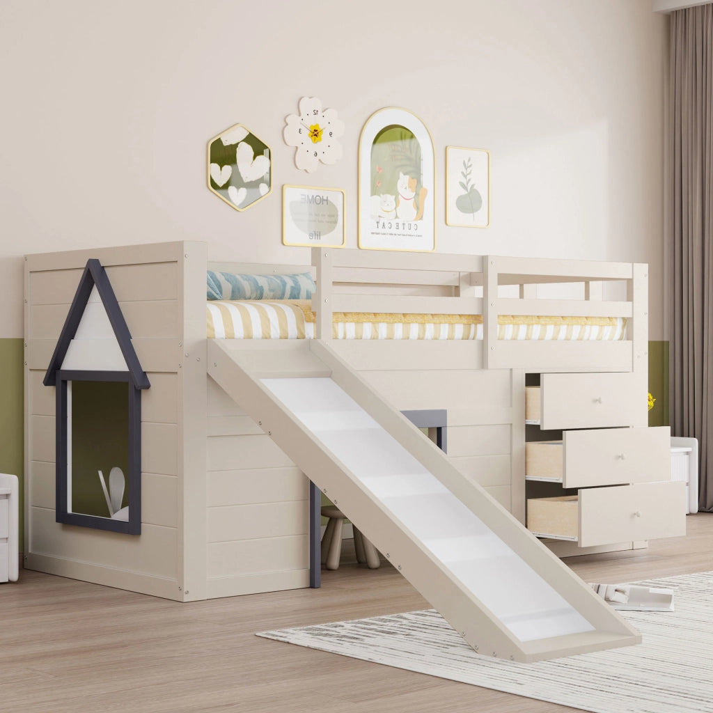 OKWISH Letto a soppalco basso 90×200 cm, Letto Singolo con Scivolo, 3 Cassetti e 2 Ante, senza Materasso, in Legno, Crema