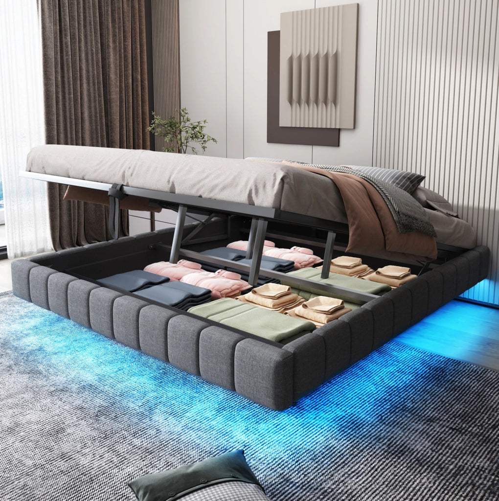 Letto imbottito sospeso 180x200 cm grigio con LED e vano contenitore