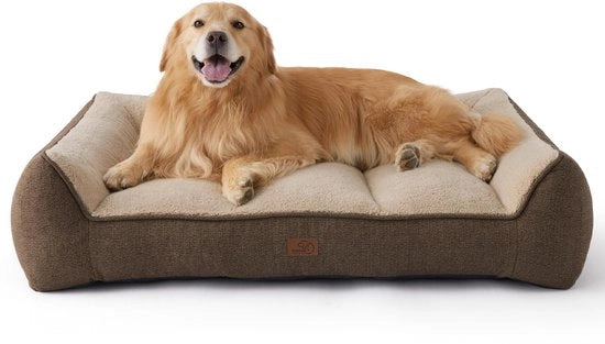 Sofa per Cani Grande - 122x89cm, Impermeabile, con Piuma Sherpa morbida, Poggiatesta Antiscivolo in Cuoio Marrone