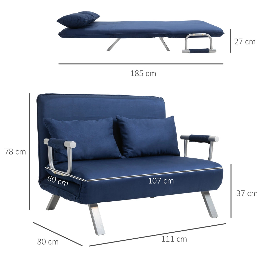 Divano letto 2 posti blu con schienale reclinabile, struttura in metallo e cuscini sfoderabili
