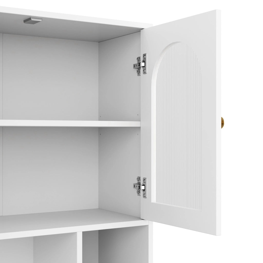 Credenza alta con LED controllabile da app; ante in acrilico curvo; 106x30x175 cm; bianco