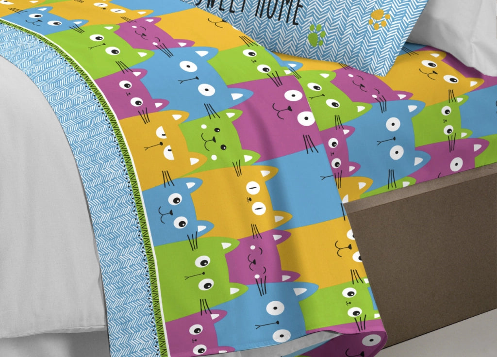 Completo Lenzuola Letto Pensieri Delicati 100% Cotone Dis. Happy Cat Multicolor - Piazza E Mezza - Multicolor